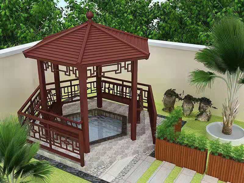 仿古铝合金凉亭花园凉亭四角休闲亭子别墅庭院凉亭走廊中式凉亭 大红