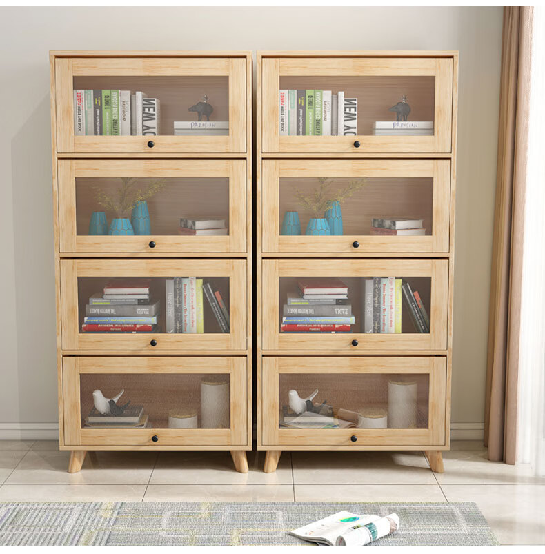 西屋艺素北欧实木原木书柜经济实用置物柜美式组合型玻璃柜简约三门