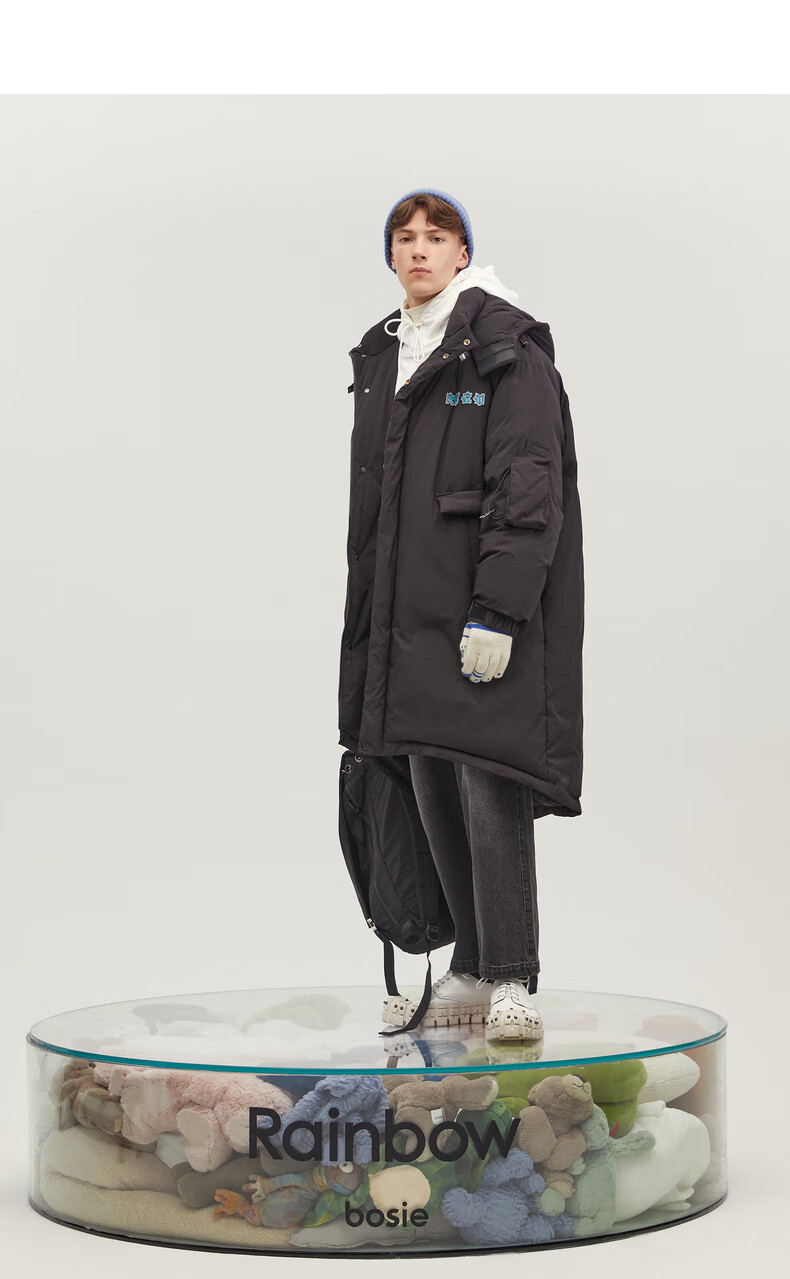bosierainbow冬季新款可拆卸连帽中羽绒服外套黑色m
