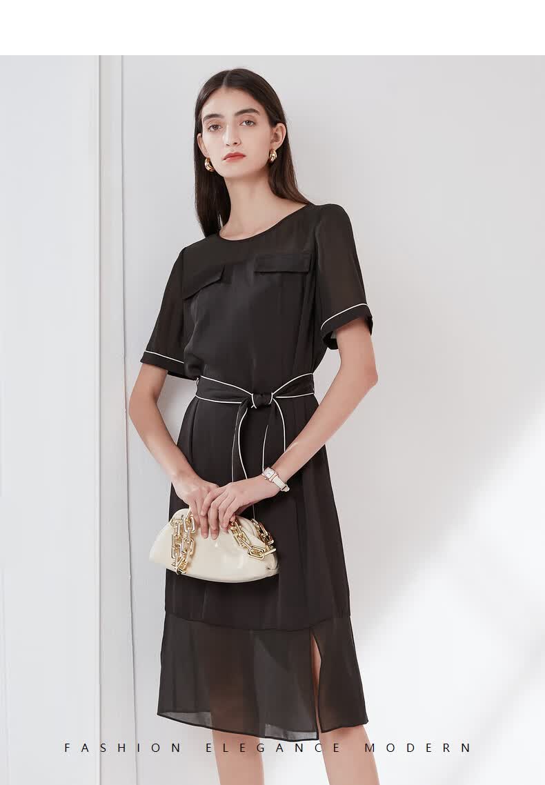 商场同款卡迪黛尔女装春季夏季新款气质中长裙网纱雪纺连衣裙灰翠绿色