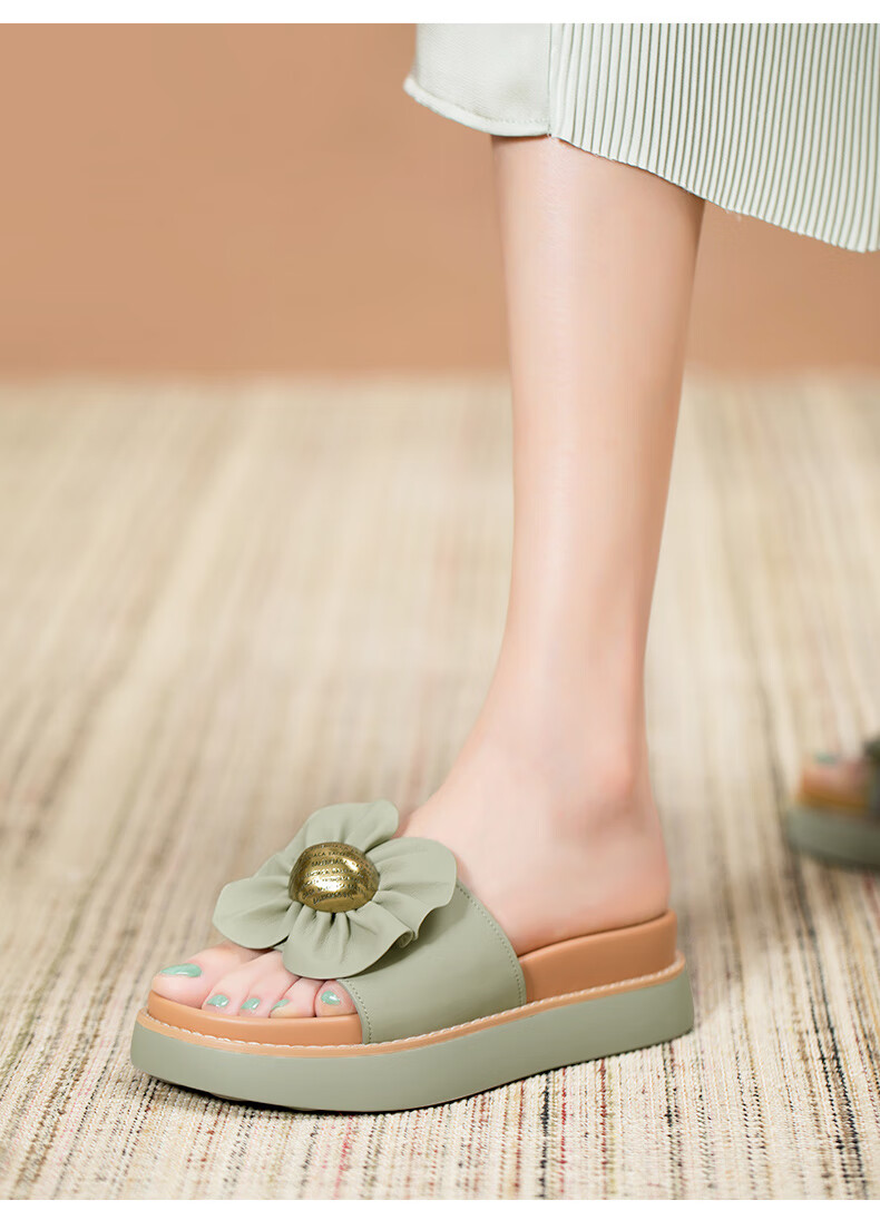 路施南外穿拖鞋女夏季2022新款厚底百搭羊皮一字拖时尚凉拖灰色