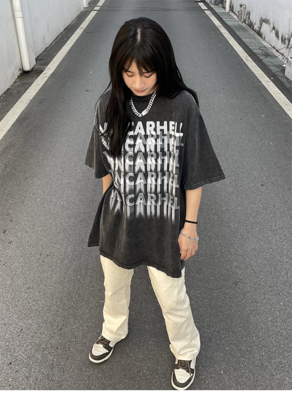 做旧字母幻影短袖t恤女宽松学生oversize嘻哈上衣街头ins潮牌黑色m