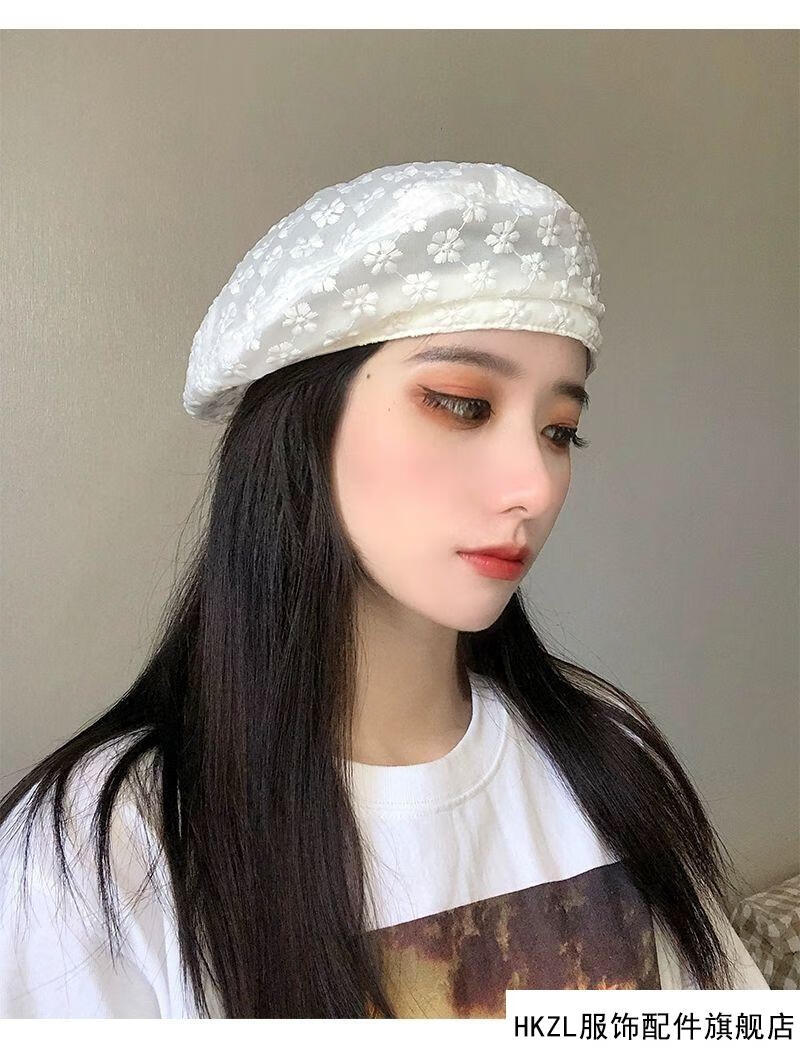 hkzl贝雷帽女夏季薄款透气日系百搭蓓蕾帽甜美可爱花朵蕾丝画家帽子潮