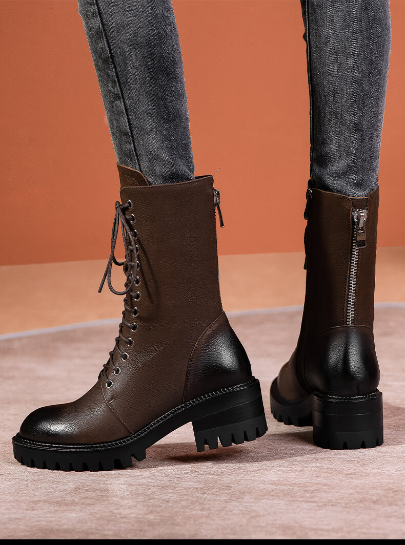 雅格罗伊女中邦马丁靴半高跟半高腰短靴真眞皮英伦风靴子绑带秋款单