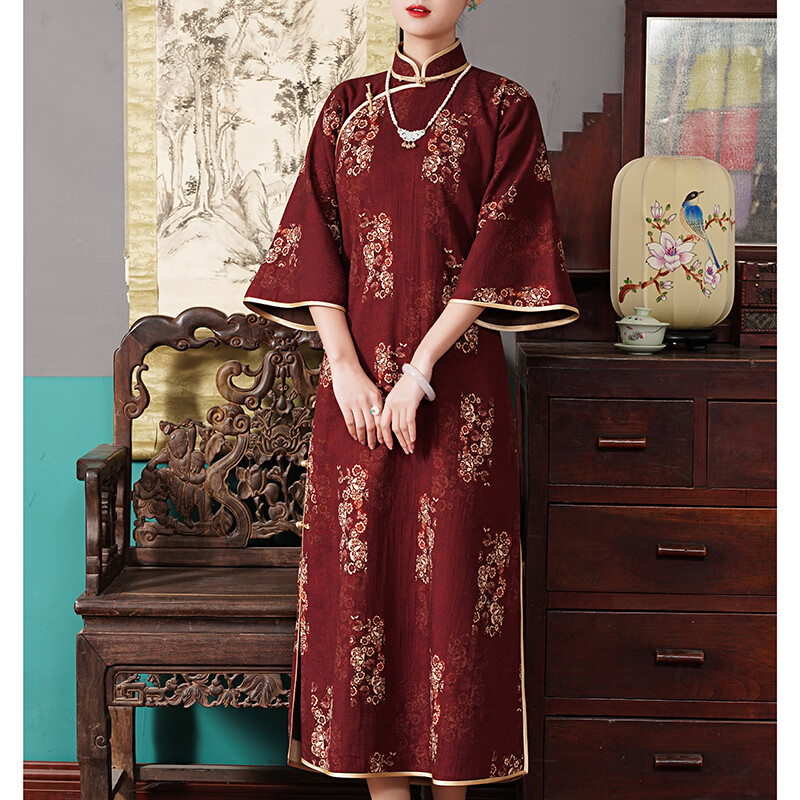 老上海传统旗袍裙长款2021新款墨蓝色加厚保暖冬款修身长袖打底旗袍女