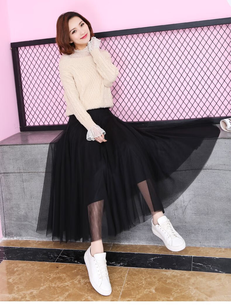 纱纱裙半身网纱半身裙女中长款2022春夏黑色高腰百褶垂感网纱裙蕾丝显