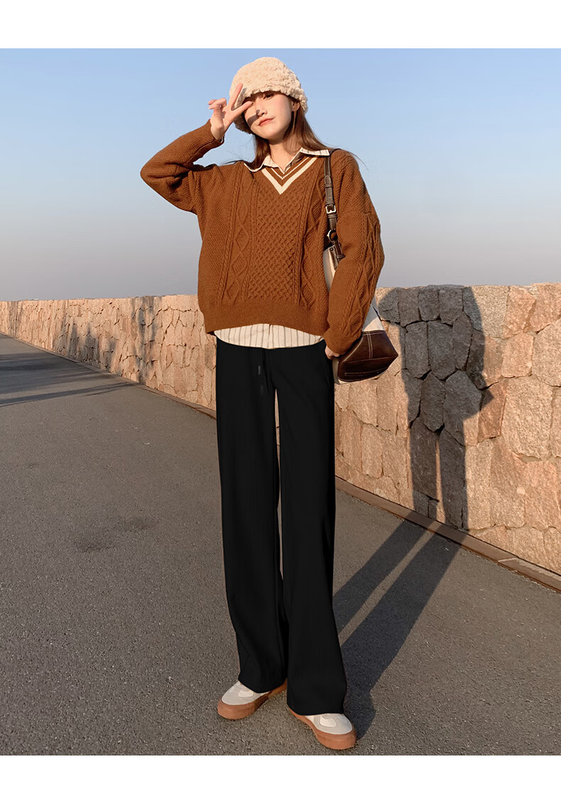 法国专柜奢依君轻奢女装白色灯芯绒阔腿裤女秋冬季高腰垂感宽松直筒