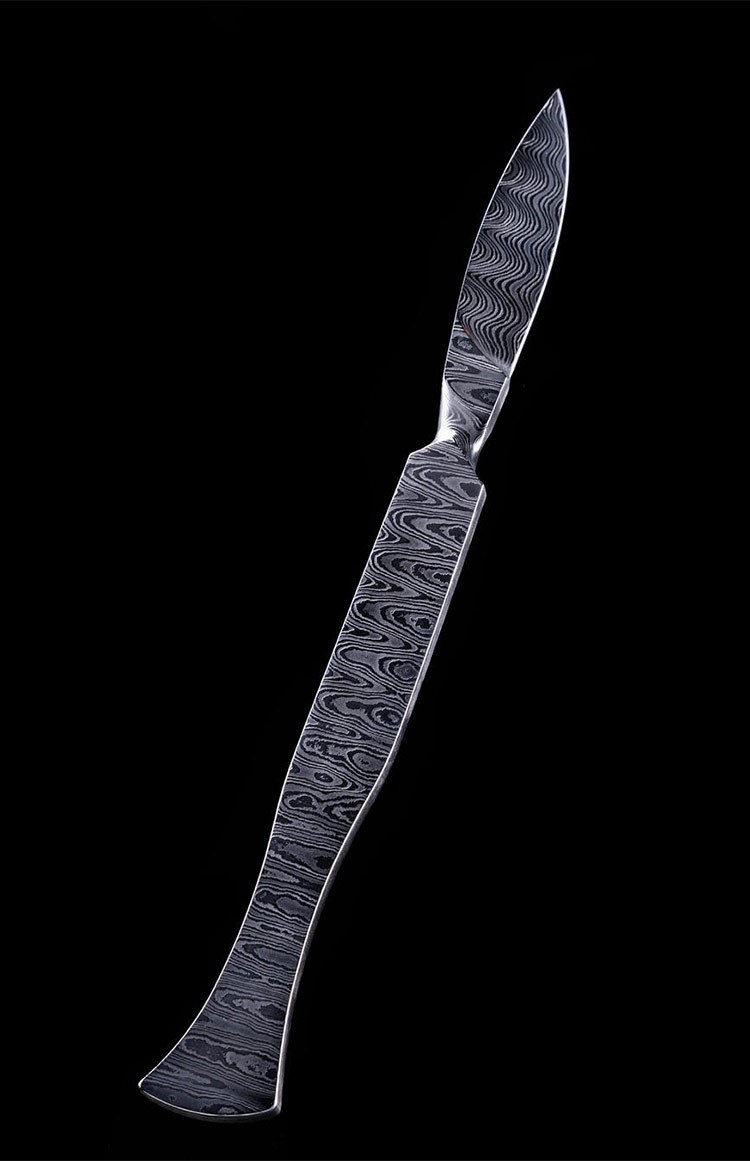 雨轩户外柳叶刀手工锻打大马士革钢硕哥刀一体龙骨直刀折叠锻打工艺