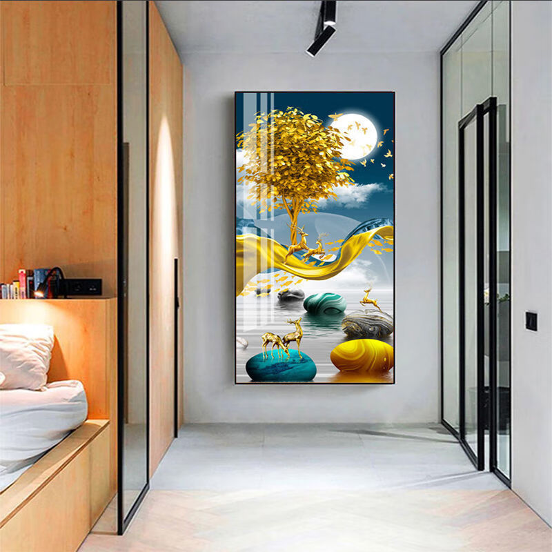 入户玄关装饰画走廊过道墙壁画竖版现代简约北欧客厅玄幻晶瓷挂画福鹿