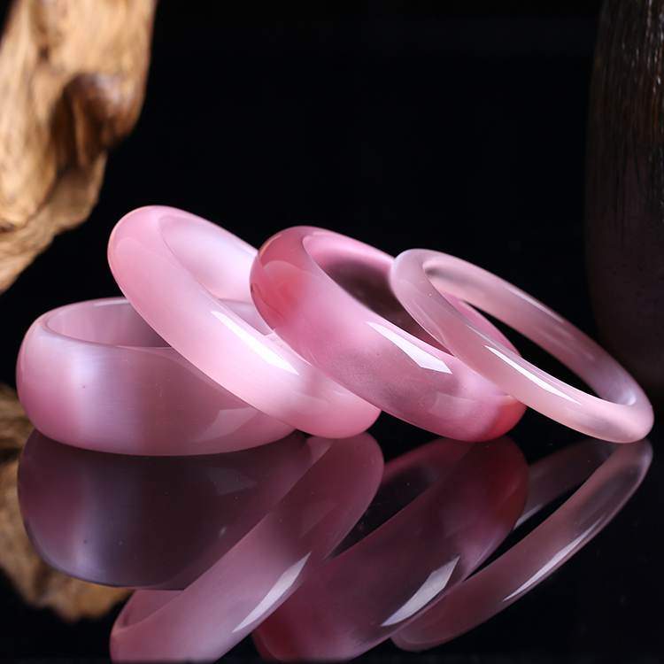 韩版浅粉色水晶猫眼石手镯女款手链芙蓉玉镯子女玉手镯内径6364面宽