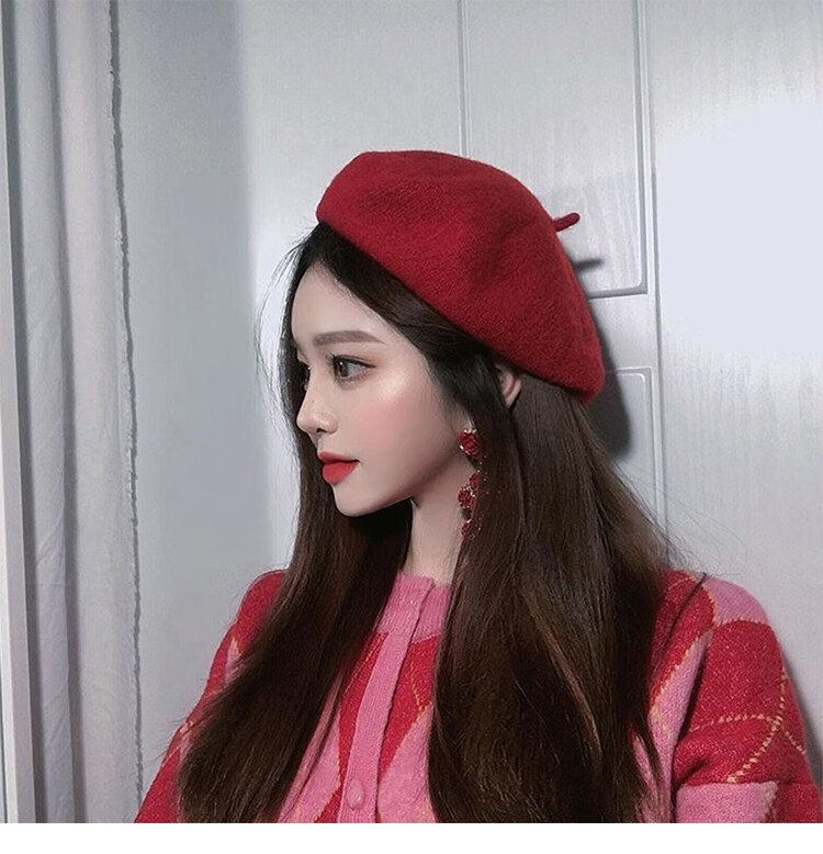 梦宁阁侧面cm羊毛呢黑色贝雷帽女秋冬网红韩系ins潮画家蓓蕾帽子春秋