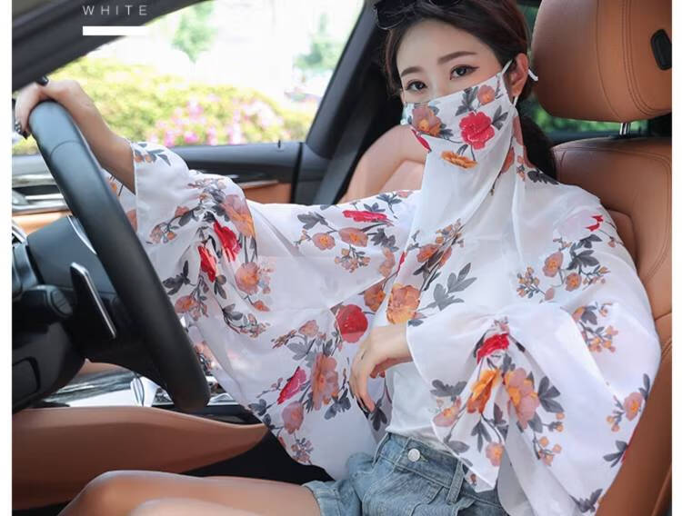 夏天防晒披肩护颈一体全脸女司机开车学车防晒装备遮面部纱巾 青花瓷