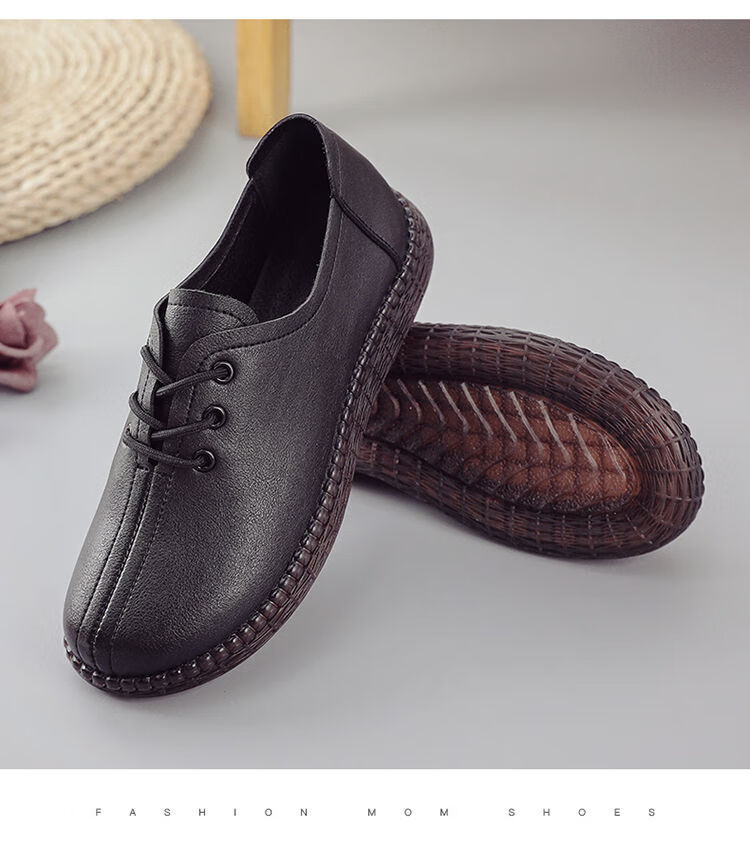 真皮牛筋底妈妈鞋春秋款真皮软底中年女鞋平底深口单鞋女休闲皮鞋