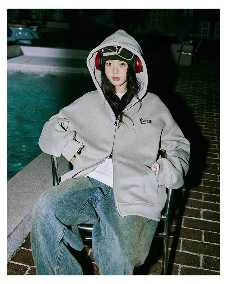 LEMANISM Men's Zip-Up Hoodie Jacket, Heavyweight Zipper Hooded Top, Loose-Fitting Couple's Autumn Sportswear, Trendy Brand, Light Gray, Size S 30