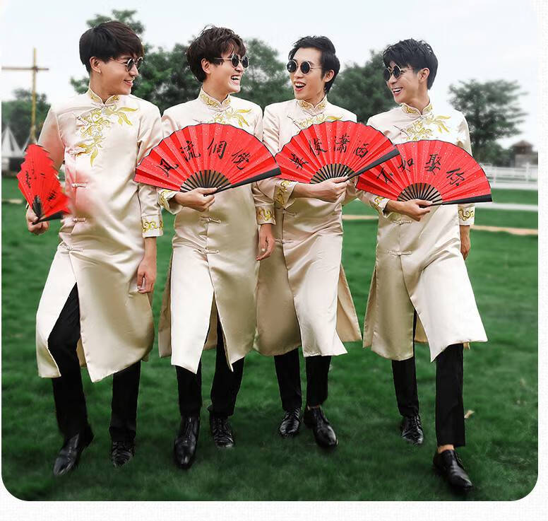 miflame中式的伴郎服套装中式兄弟装婚礼伴郎团服装男秋季中国风长衫