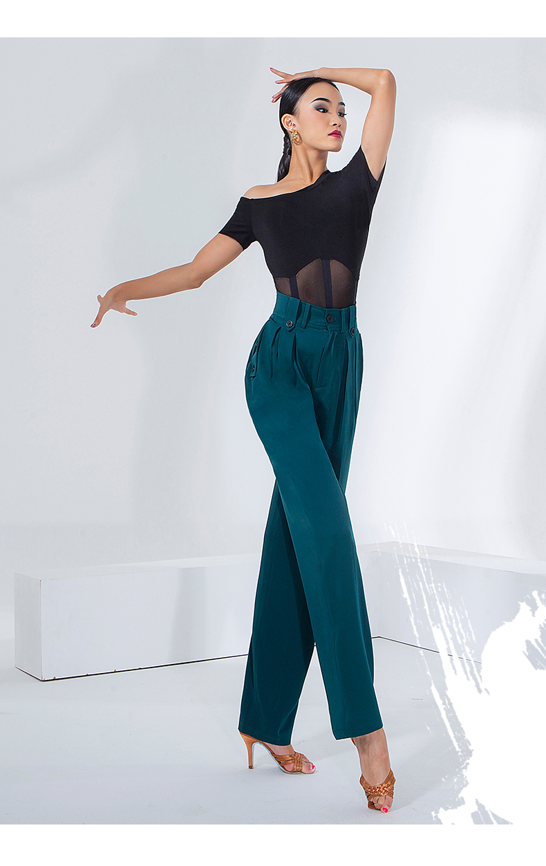 丹宝罗同款拉丁舞裤子女新款高腰口袋撞色钮扣国标长裤练功服装黑色