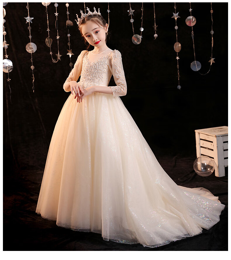 贝恋妍儿童拖尾礼服花童公主裙蓬蓬纱女童主持人走秀演出服高端洋气