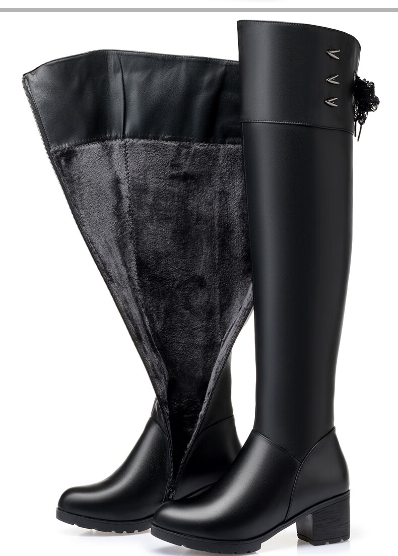 过膝靴女加绒长靴粗跟加厚羊毛长筒靴皮靴大码41马靴43长靴42定制款
