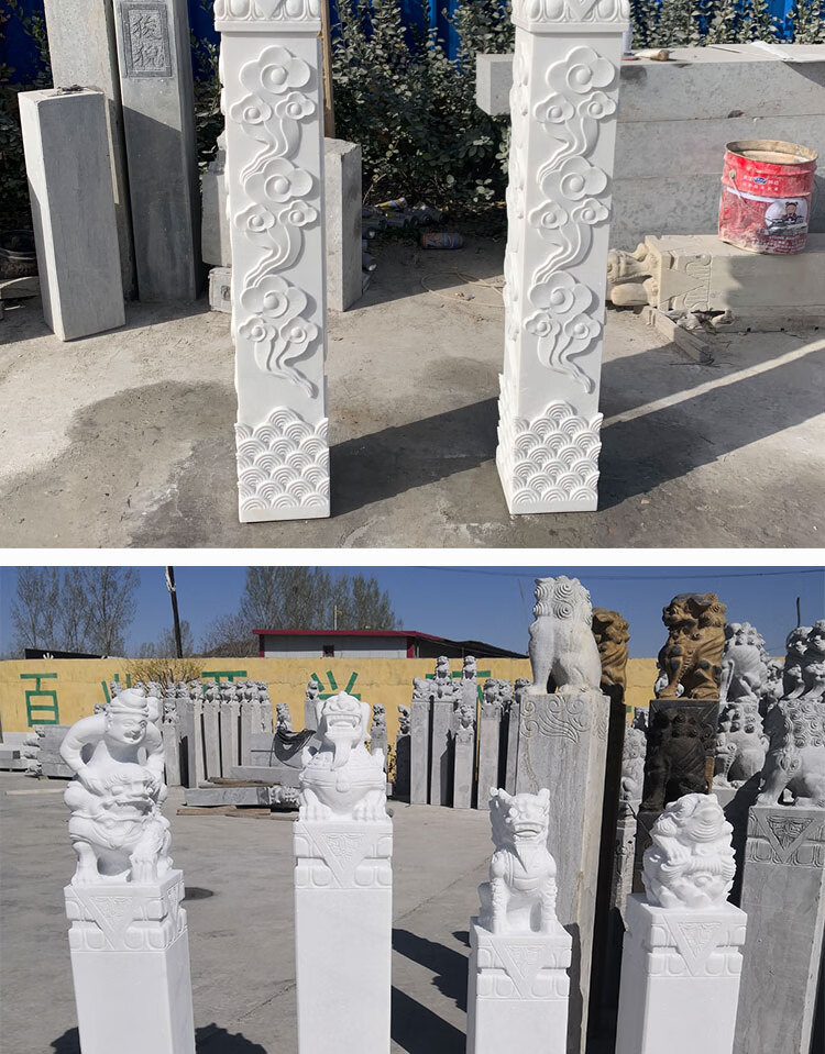 石雕祥云柱汉白玉现代中式拴马桩石柱礅别墅酒店汉白玉石柱子摆件狮子