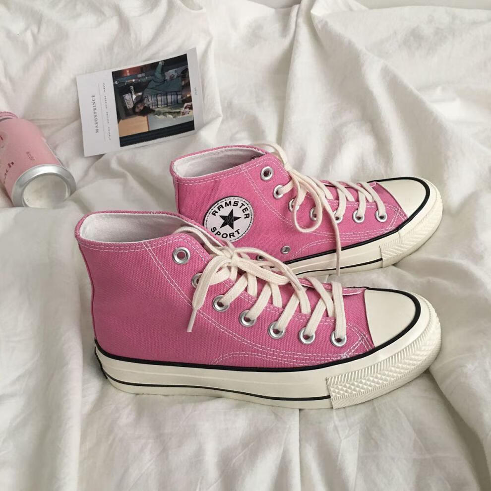 粉色鞋子女1970s情侣百搭港风高帮帆布鞋女ins学生韩版复古潮板鞋高