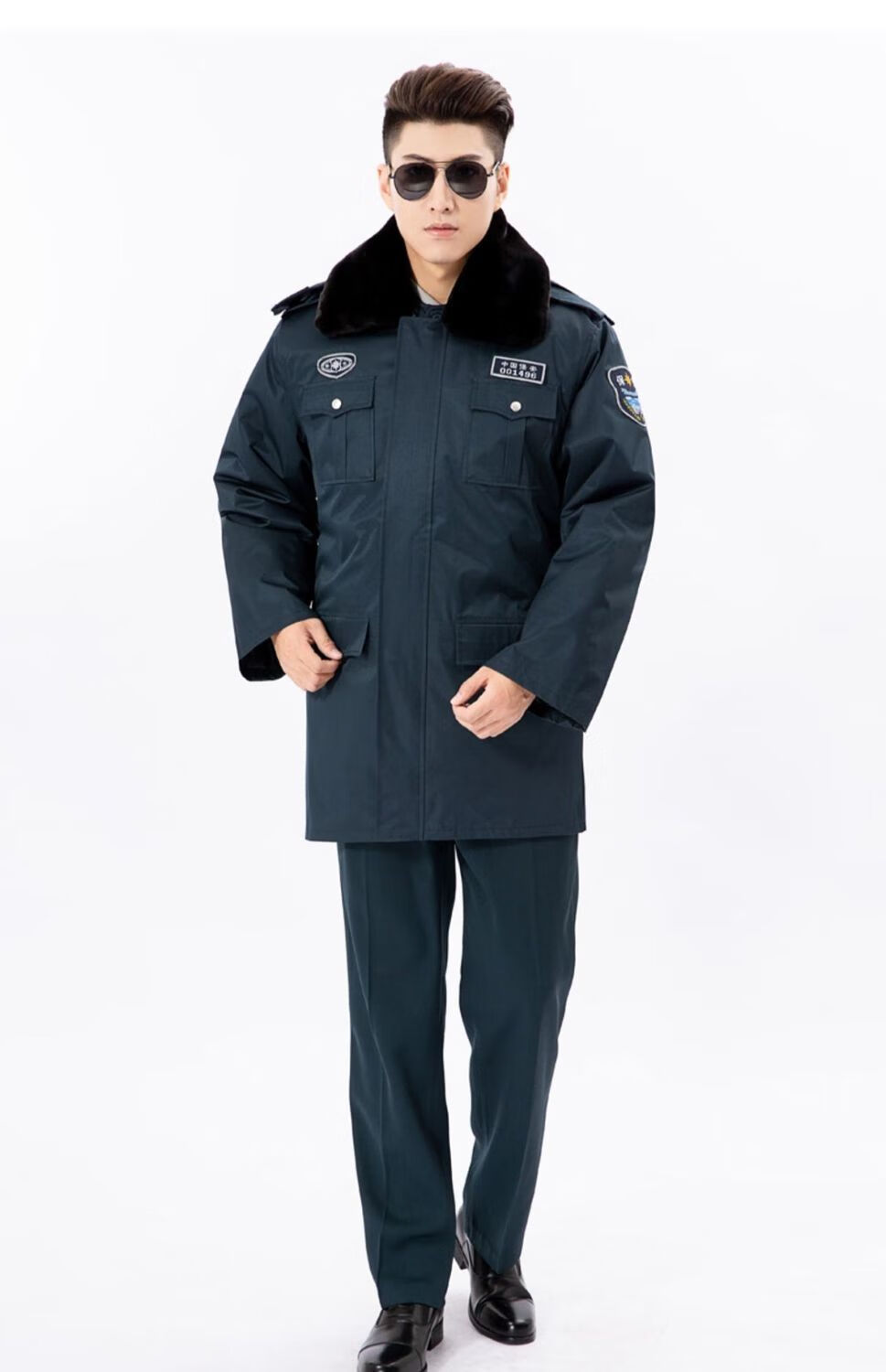 策博格式保安服棉衣墨绿色加厚多功能安保防寒大衣保安冬装棉服中长