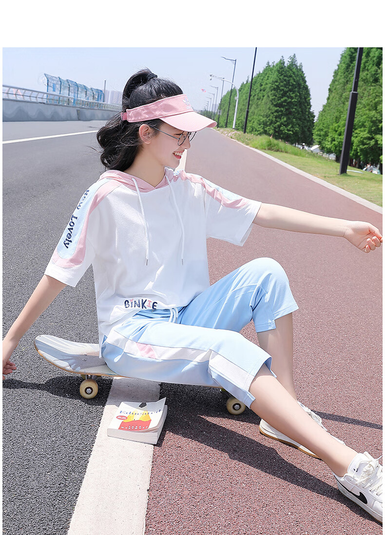 十几岁初中生女孩穿的运动服套装夏装带帽女短裤中学生休闲薄sdan