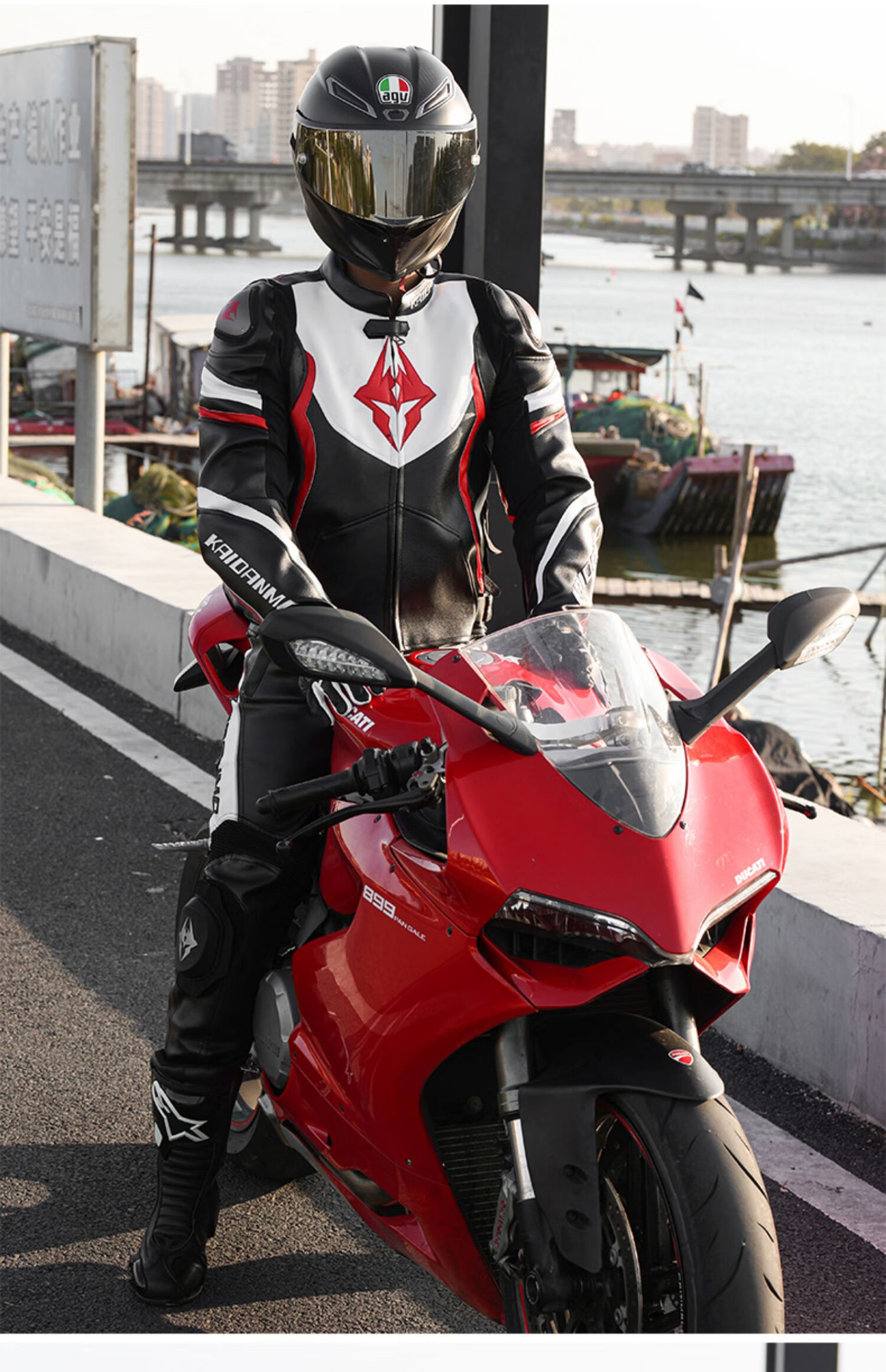 陇聚福冬季骑行服男女摩托车连体皮衣保暖机车复古川崎越野拉力 黑白