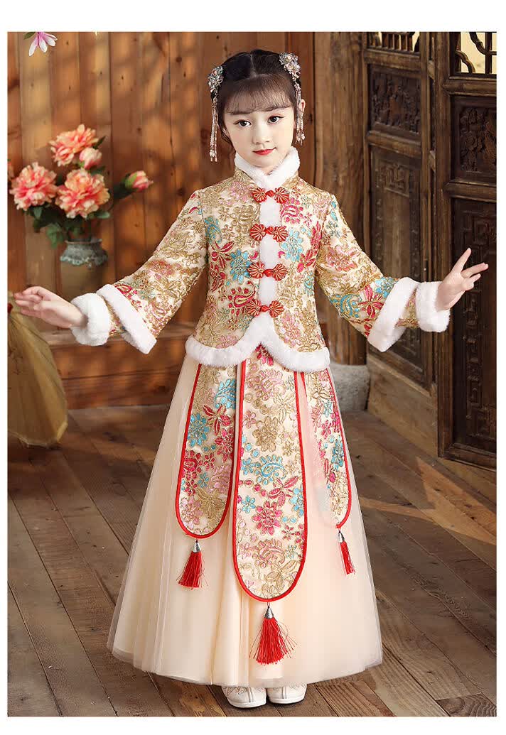 儿童新年唐装过年服宝宝拜年服中国风古装超仙秋冬装蓝色送丝巾160