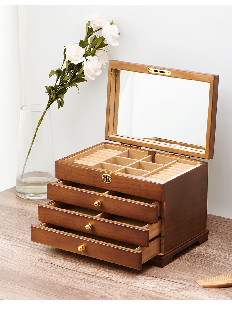 容量饰品盒珠宝手饰品耳环项链实木质首饰盒实木全锁全贴绒造型款三层