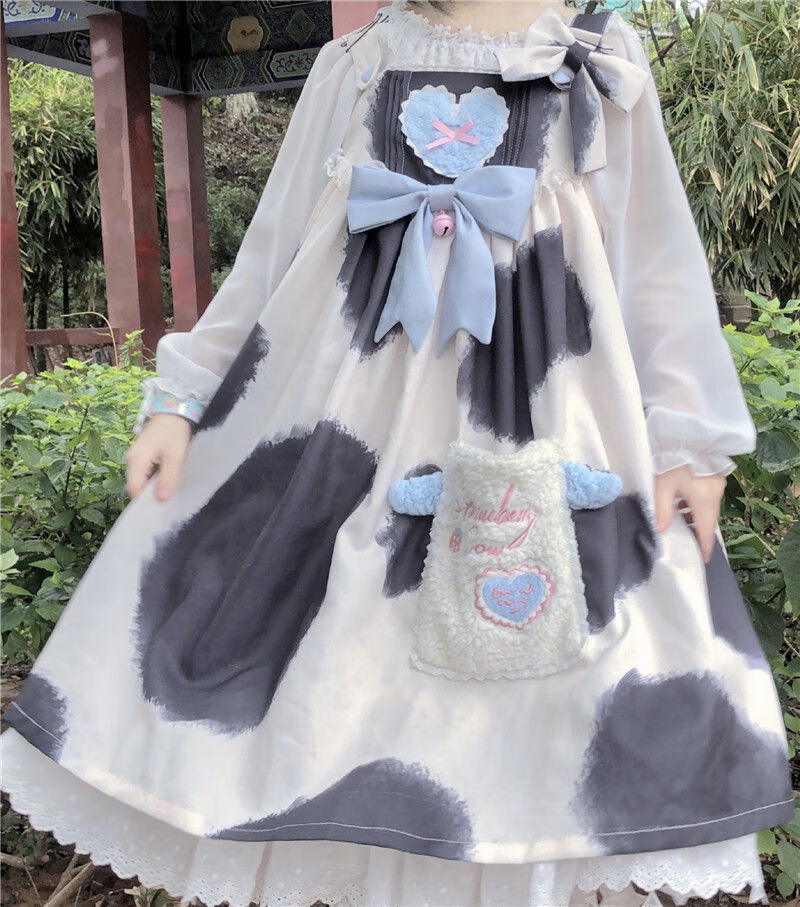 小奶糕洛丽塔塔塔塔原创奶牛纹印花小奶糕lolita连衣裙jsk吊带裙 若草