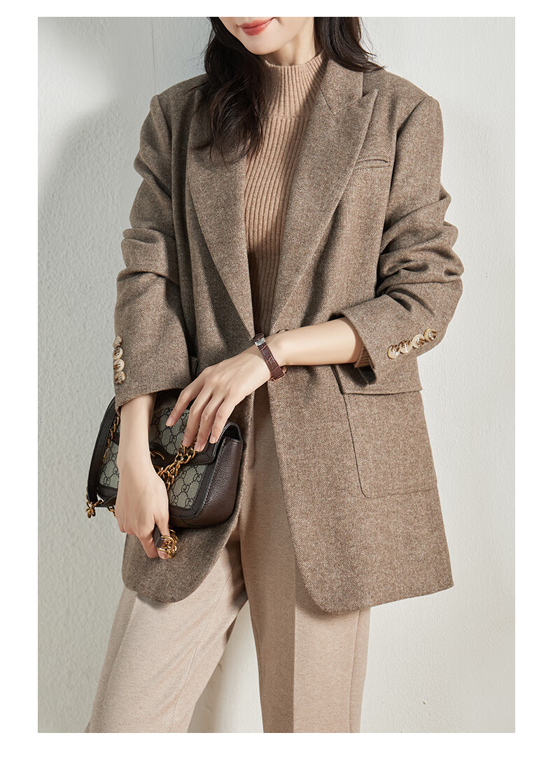 娅丽达人字纹毛呢灰色西装外套女2021秋冬新款休闲咖色呢子小西服灰色