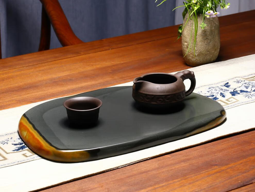 端砚茶盘歙砚台茶盘原石中国风家用干泡茶台石头茶具胜端砚乌金石茶海