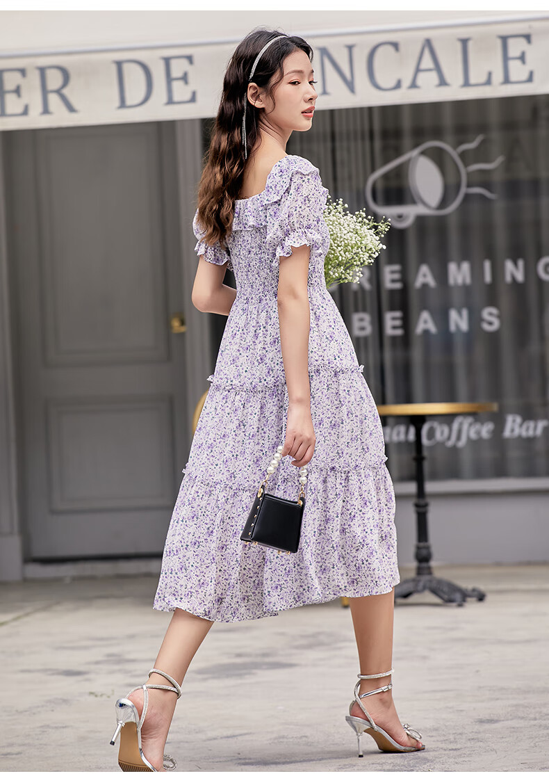 阿依莲浪漫荷叶打揽抽绳碎花连衣裙夏上新紫丁香s