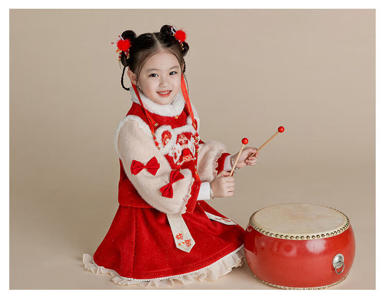 汉服女童冬装新年装小女孩中国风喜庆过年服加厚女宝宝拜年服唐装红色