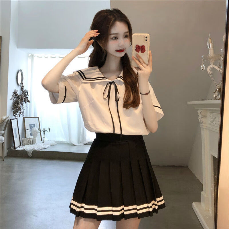 大童少女孩初中高中学生短袖百褶裙jk制服套装夏小个子班服两件套6200