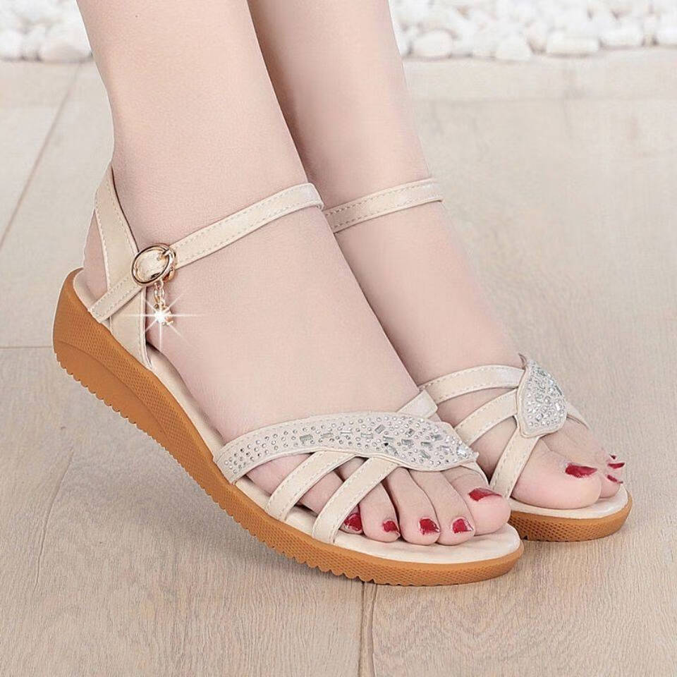 豹瑟(baose)2022夏季女平底妈妈凉鞋防滑软底中年舒适百搭水钻凉鞋女