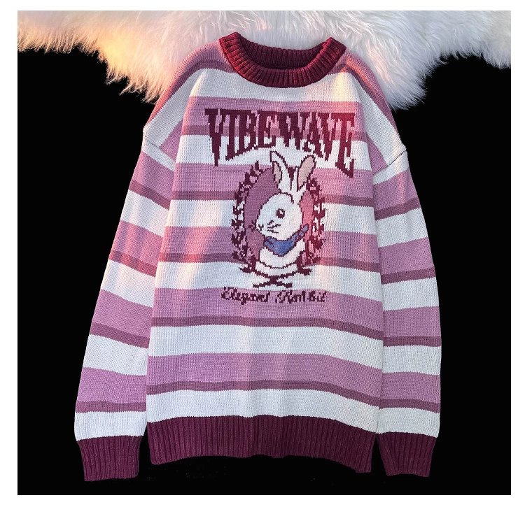 neresum美式复古毛衣同款条纹大白兔情侣男女甜系学院风套头针织线衫