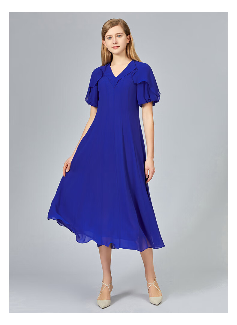 voa真丝乔其纱v领荷叶边立体装饰泡泡袖墨兰色亲肤长款连衣裙ae1323