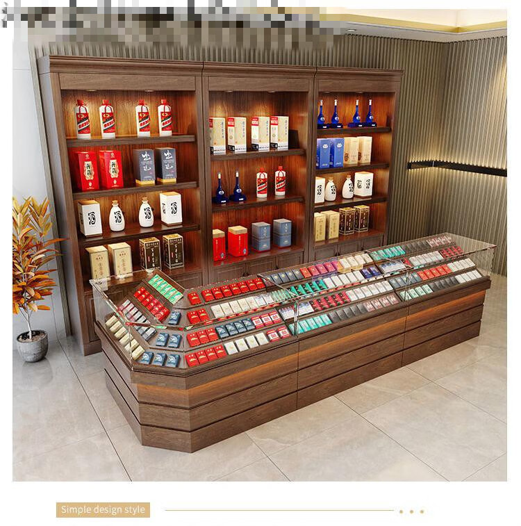 玻璃烟柜展示柜烟酒柜台收银台专卖便利店超市货架展示架松木原木色烟