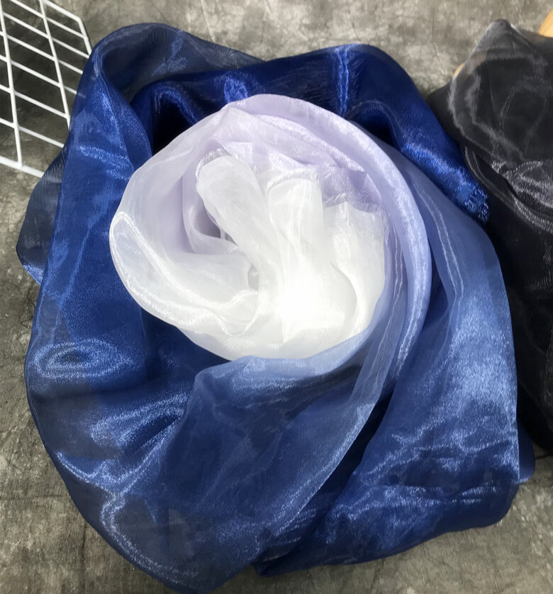 蓝色欧根纱面料一米价硬挺水光纱亮光黑蓝色渐变色欧根纱布料透明汉