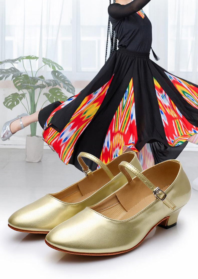 舞鞋金色舞鞋舞蹈鞋民族舞软底广场舞鞋摩登舞鞋交谊舞鞋35cm浅金色毛