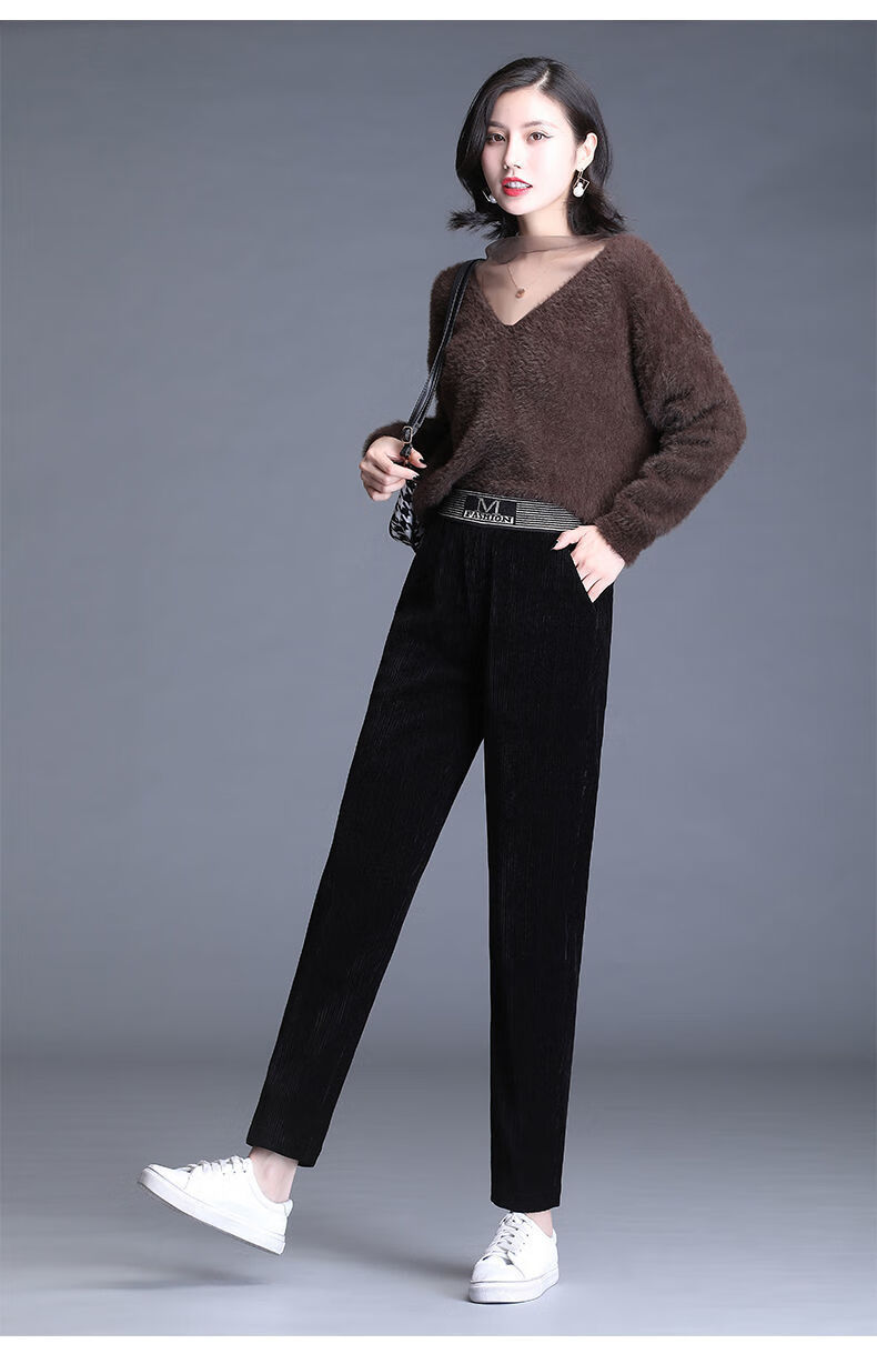 灯芯绒哈伦裤女秋冬2021新款加绒高腰萝卜直筒小脚裤条绒长裤为柔黑色