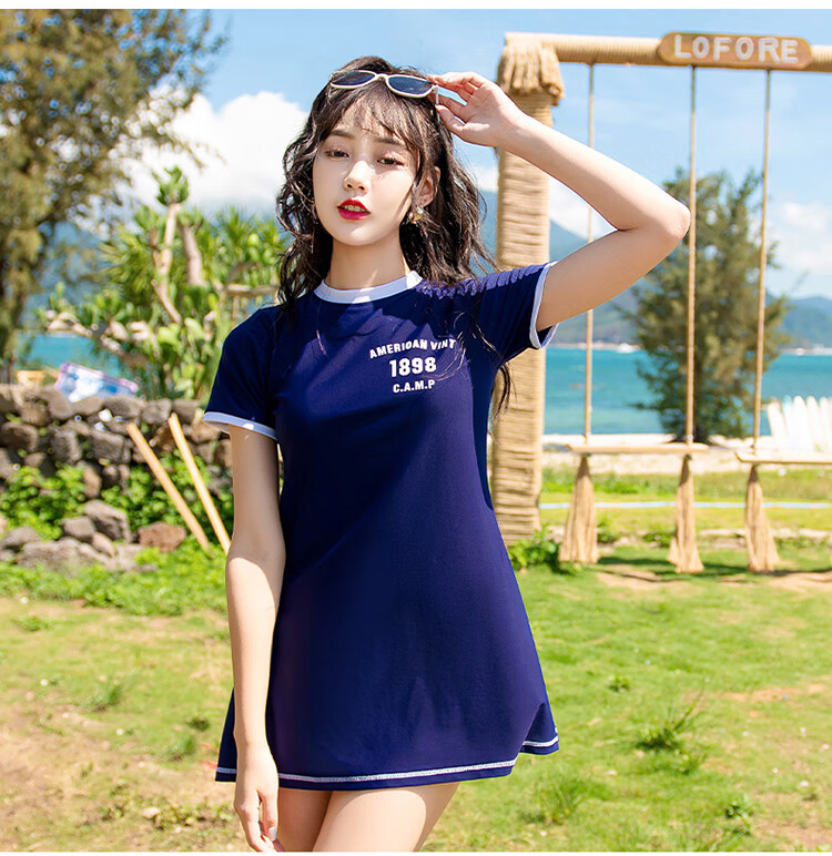 显瘦泳衣胖妹妹少女裙式运动分体平角裤200斤遮肚显瘦保守温泉泳装女