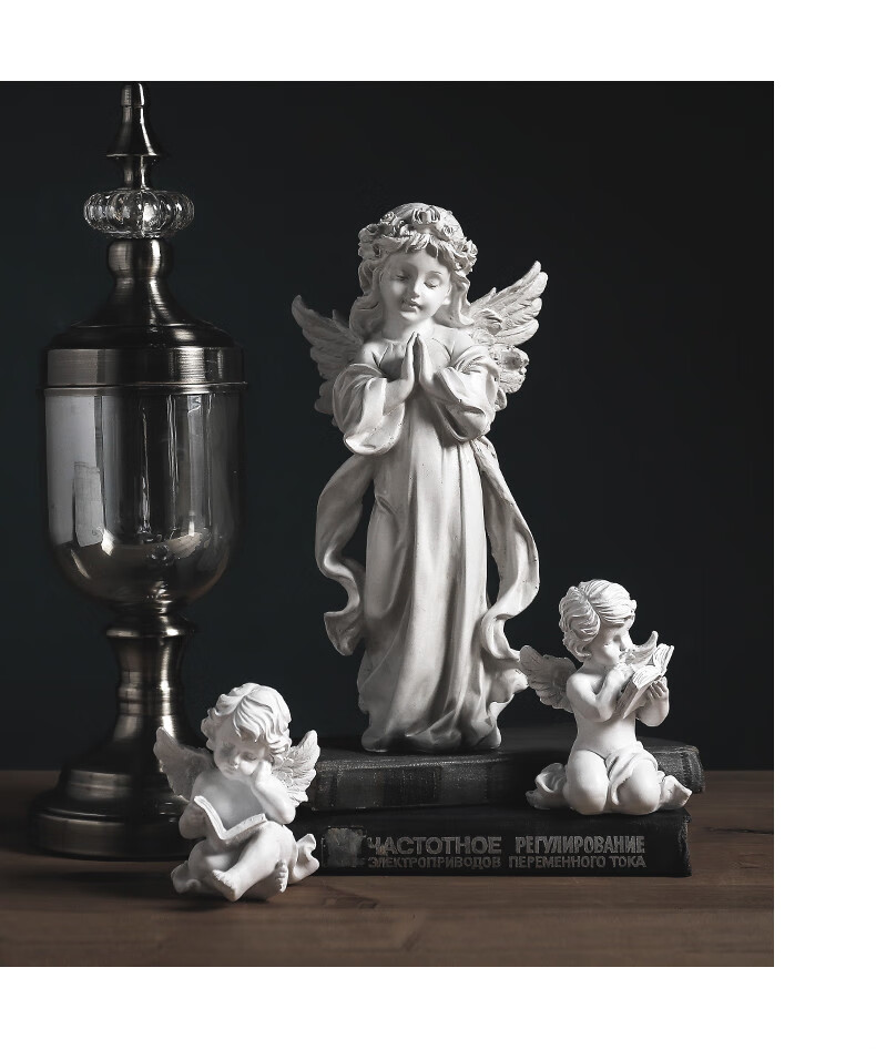 品欧源美式复古做旧天使工艺品北欧石膏摆件装饰客厅小雕塑白色看书