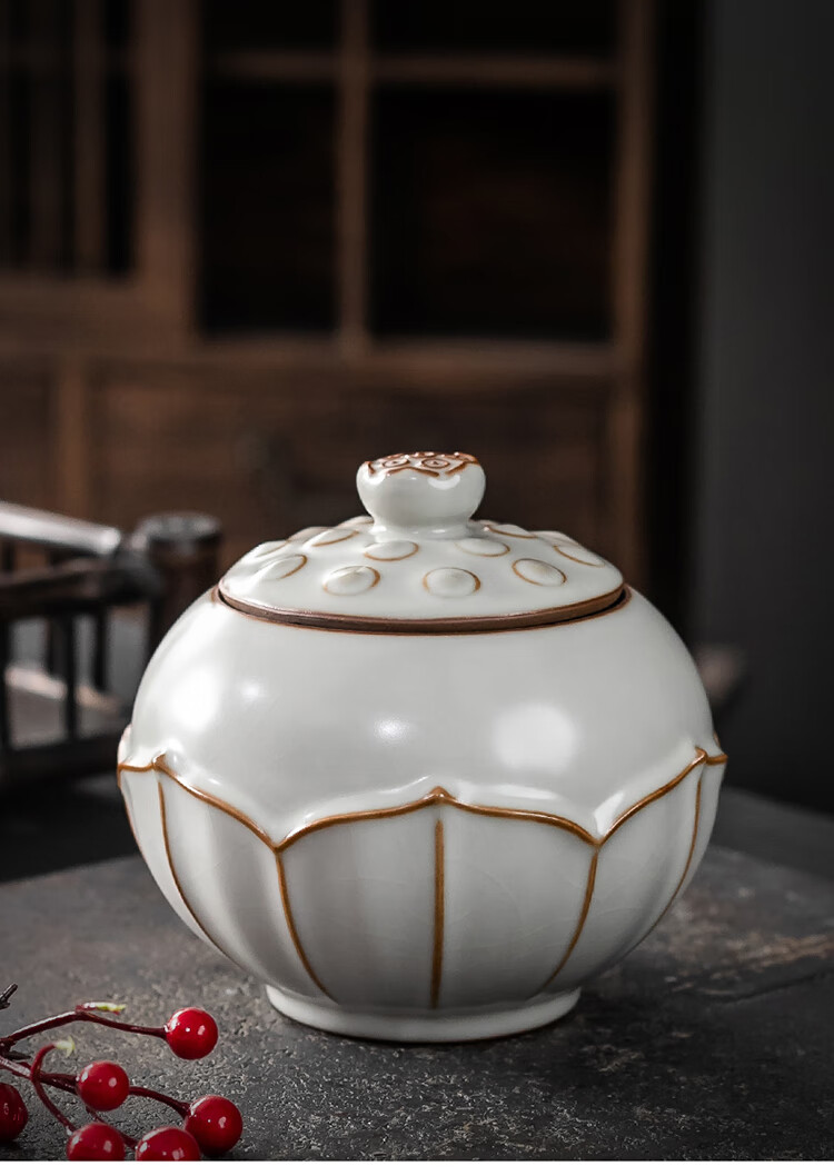 陶瓷罐邱卫国汝窑莲心茶叶罐汝瓷开片冰裂纹密封罐陶瓷储茶罐茶仓 豆
