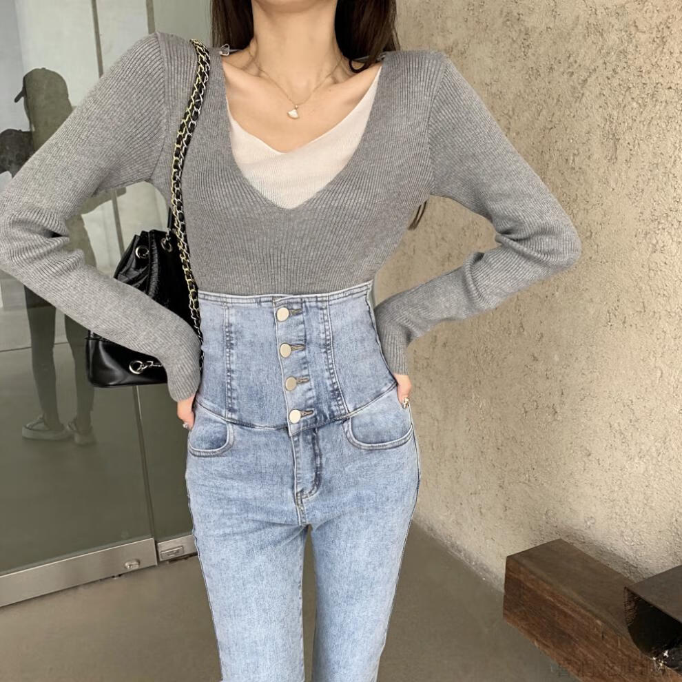 女生背带裤女冬女式牛仔裤秋冬款可拆卸春抓绒弹力紧身显瘦超高腰排扣