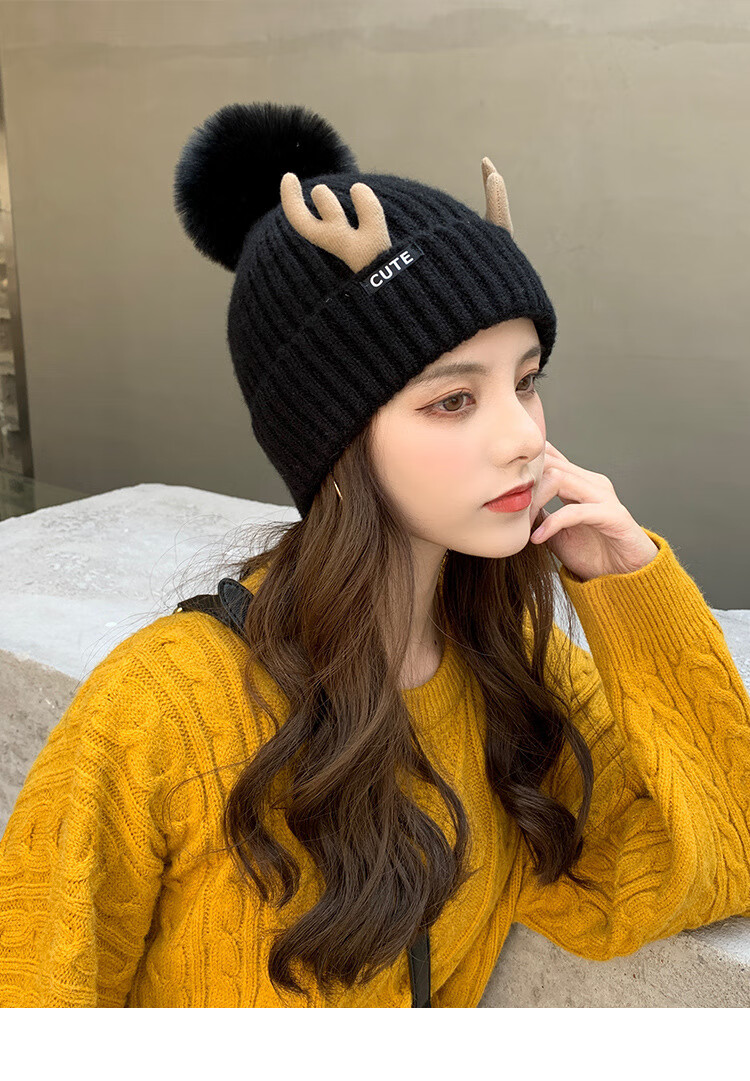 鲜卡2021新款帽子女冬季保暖加厚护耳可爱鹿角帽韩版百搭针织毛线帽