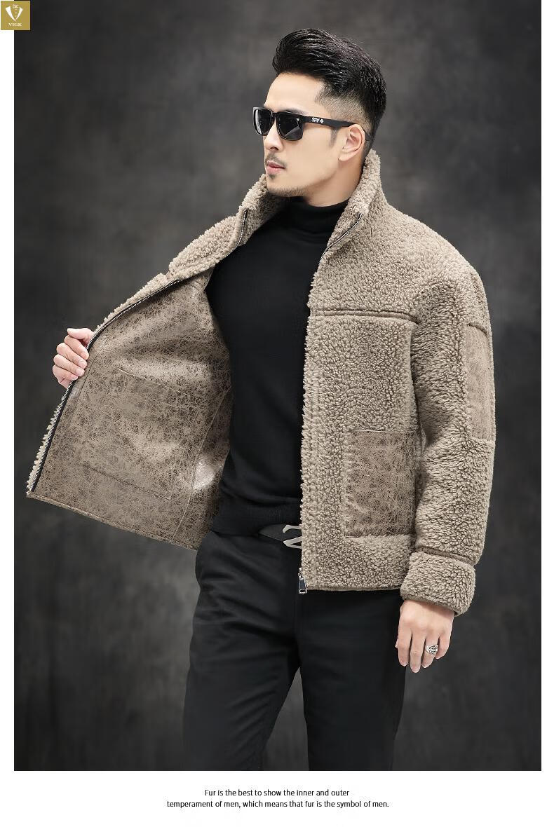 vjgk品牌高端男装奢品颗粒绒外套男短款双面穿复合皮毛一体羊剪绒皮草