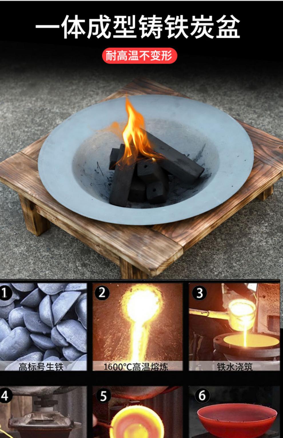 取暖炉实木架子烧烤碳铸铁庭院冬季实木架炭火盆铸铁烤火炉老式烤火