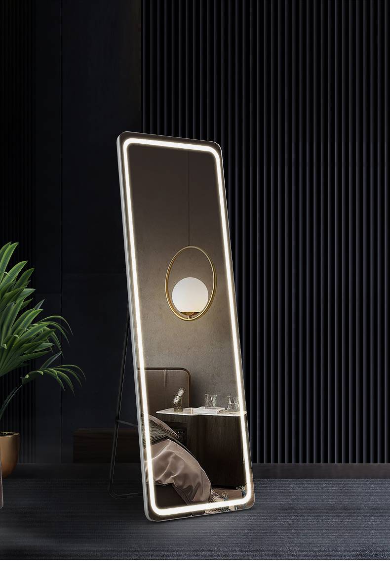 镜子全身落地带灯圆角穿衣镜贴墙led带灯智能无框全身镜子壁挂家用